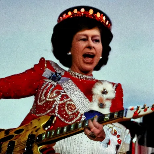 Image similar to photo realistic photo of the queen playing in the band the queen at wembly