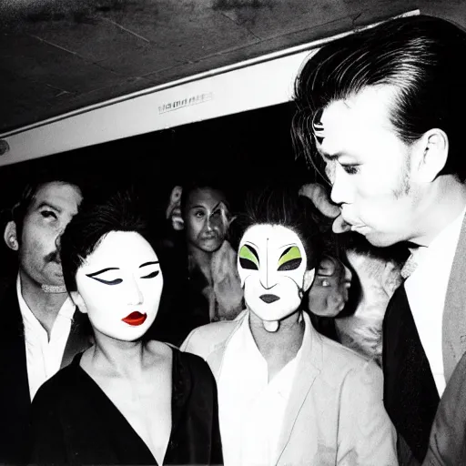 Prompt: Street photography, a close up of several people leaving a seedy nightclub at 5am, they are smoking, someone is screaming, Kabuki makeup, Kodachrome