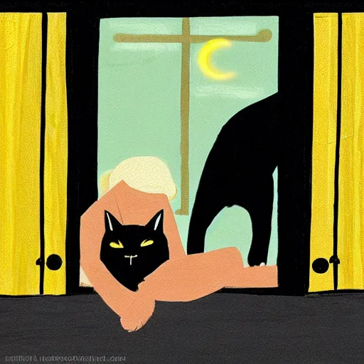 Prompt: a giant black cat with yellow eyes looking through a window at a sleeping blonde girl