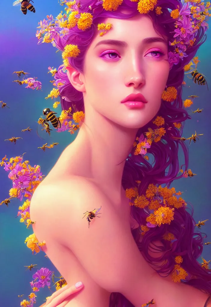 Prompt: young beautiful woman, gorgeous face, vaporwave aesthetic, synthwave, colorful, psychedelic, artstation, flowers, bees, full - body, gown, smooth, extremely sharp detail, finely tuned detail, 8 k, unreal engine 5, ultra sharp focus, illustration, art by artgerm and greg rutkowski and alphonse mucha