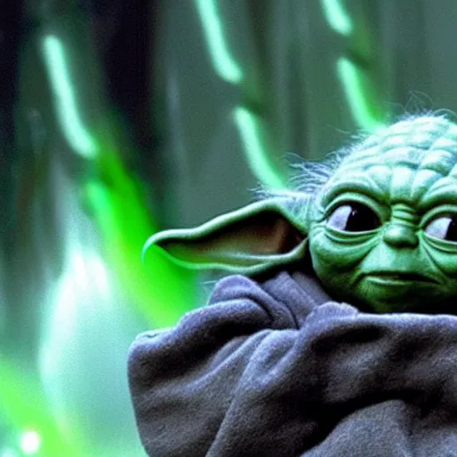 Image similar to Yoda on the planet he was born on, spending time with other members of his species