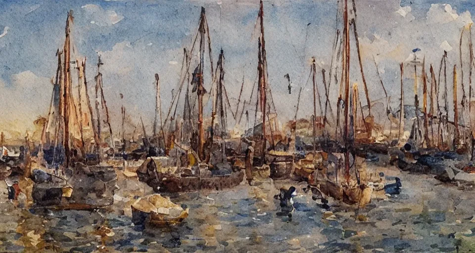 Prompt: a 1 9 th century boat yard reelected in the harbour, sails, partially built sailing ships, rope and pulleys on the ground, impressionist style, watercolor