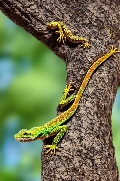 Image similar to highly detailed photo of a lizard running up a tree, 3 5 mm, 4 k, photorealistic