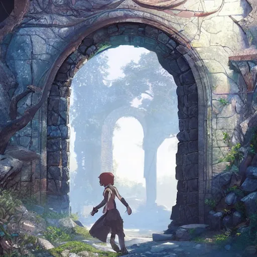 Prompt: concept art painting of an ancient ornate stone archway, with a magical portal inside to another dimension, in the woods, realistic, detailed, cel shaded, in the style of makoto shinkai and greg rutkowski and james gurney