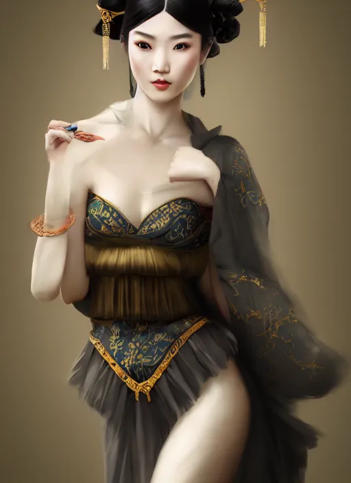 Image similar to beautiful fashion girl in tang dynasty, strapless dress, character portrait in the style of thomas river and artgerm, wlop, cinematic lighting, hyperdetailed, 8 k realistic, symmetrical, global illumination, radiant light, halo, love and mercy, frostbite 3 engine, cryengine, dof, trending on artstation, digital art, chanel