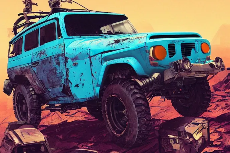 Image similar to digital illustration of a futuristic faded cyan mad max's fj 4 0 decrepit!!!! pursuit special, rusty!!! cyberpunk nissan fj cruiser heavily modded 1 9 9 0 s, the last v 8 interceptor by makoto shinkai, ilya kuvshinov, lois van baarle, rossdraws, basquiat