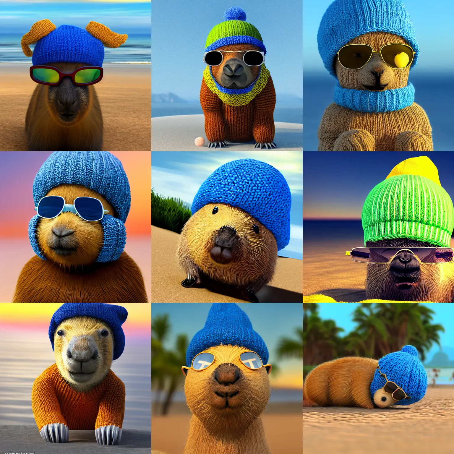 Prompt: a photorealistic photograph of a knitted cute Capybara wearing sunglasses and dressed in a blue beanie cap. The Capybara is also sipping from a Mojito drink at the beach during sunset. The image is Trending on Artstation, featured on Behance, well-rendered, fine detail, extra crisp image, Unreal Engine, 4K HD