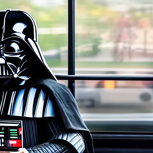 Prompt: 8 k photo darth vader using ticket on a bus