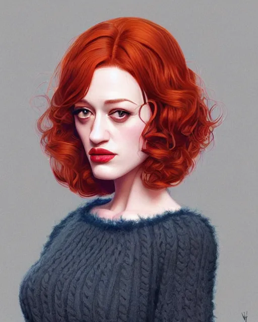 Image similar to andrea ivanova kat dennings christina hendricks dolly parton in wooly sweater, belt, plump lips, by wlop and ilya kuvshinov and artgerm,, gorgeous, stunning, alluring, artstation, deviantart, digital art