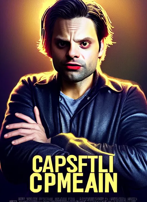 Image similar to highly detailed comedy caper movie poster with flan pudding faced sebastian stan as a sentient flan pudding, sebastian stan face made from flan pudding by greg rutkowski, masterpiece, 1 0 / 1 0