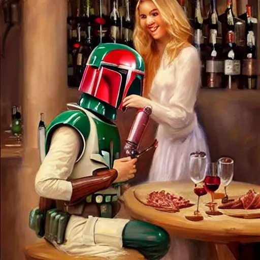 Image similar to (Boba Fett) and a beautiful young blonde drinking beer in a wine cellar, food, meat, schnapps, torches on the wall, romantic, inviting, cozy, painting by Vladimir Volegov