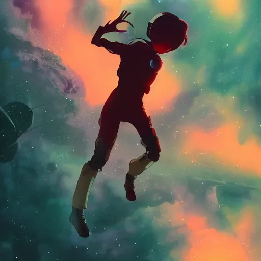 Prompt: floating far above an alien planet in space, misty atmosphere, dynamic shadows, dynamic lighting, ilya kuvshinov, kyoani, hiroaki samura, yoshinari yoh, james jean, katsuhiro otomo, erik jones, cel shaded