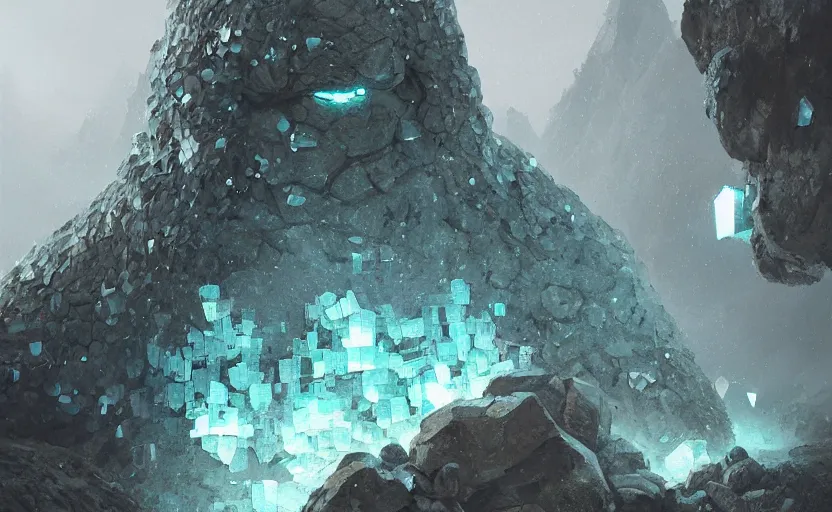 Image similar to a golem made from translucent crystals, high in the mountains, greg rutkowski, 8 k, shallow depth of field, intricate detail, concept art,