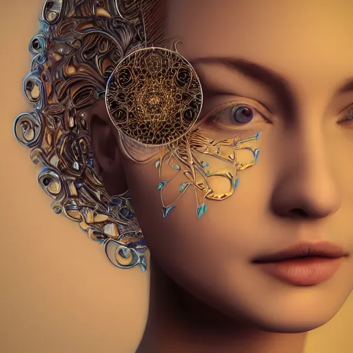 Image similar to beatifull frontal face portrait of a woman, 150mm, chromatic aberration, mandelbrot fractal, symmetric, intricate, elegant, highly detailed, ornate, ornament, sculpture, elegant , luxury, beautifully lit, ray trace, octane render in the style of peter Gric and alex grey