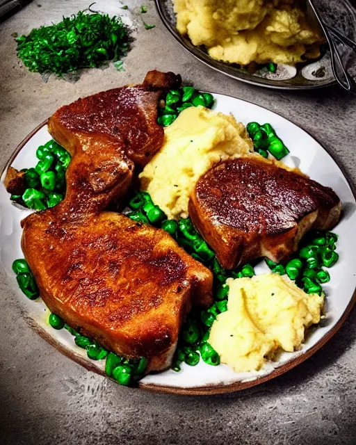 Prompt: green gamer LED porkchops and mashed potatos by razer, HD, trending on artstation, instagram post, lights in food, bright food, LED