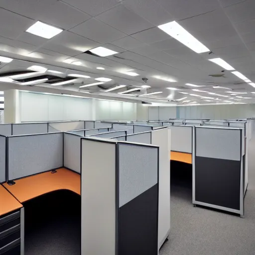 Image similar to an office space of cubicles, the employees are rats wearing business suits, wide angle