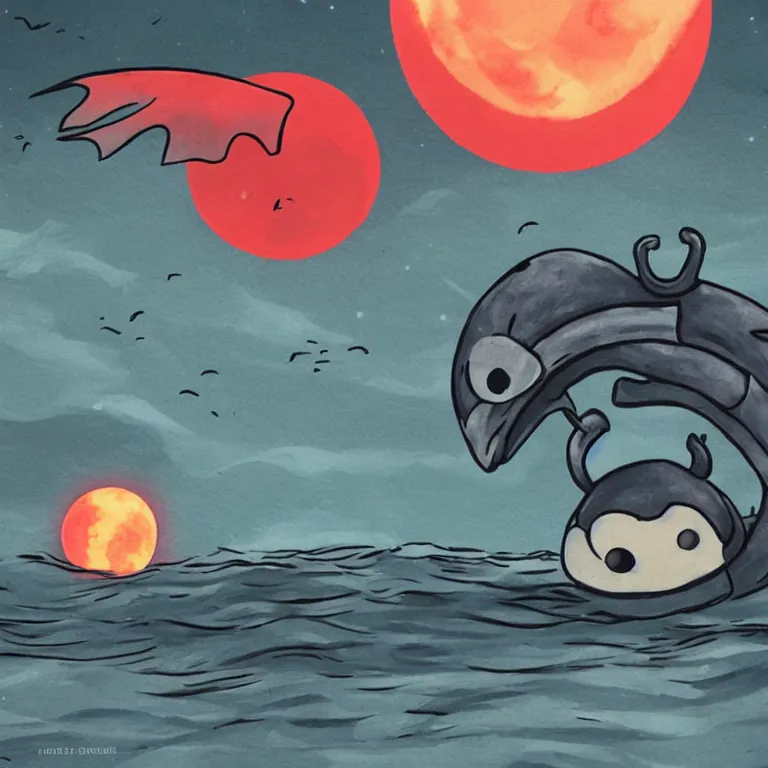 Prompt: cute creature looking at the sea with a red moon reflecting in the waves, night, low angle, in the style of Hollow Knight