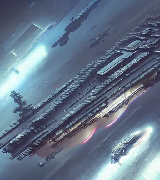 Image similar to cyberpunk aircraft carrier cargo ship strongly resembling industrial spaceship design concept art in space, by david levy, eve online, elite dangerous, artstation, film noir with ultra detailed, intricate, anime, dynamic lighting, digital art, digital painting, art station, wlop, sharp focus, illustration, art by artgerm and greg rutkowski and alphonse mucha