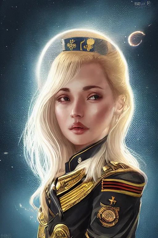 Image similar to beautiful portrait of a female officer wearing a fancy naval uniform, art by wlop and artgerm, science fiction, intricate detail, blonde hair, space background, trending on artstation, sharp focus, illustration, caustics, octane render, radiant light, 4 k