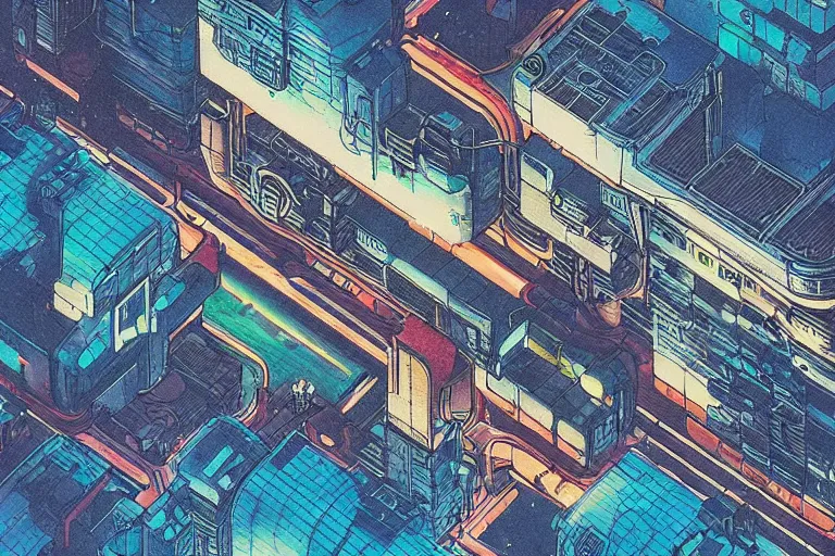 Image similar to cyberpunk buildings with a flight vehicle glowing in the sky, bottom view ， bladerunner, by hiroshige utakawa