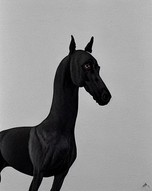 Prompt: painting of hybrid between black weimaraner & black stallion horse! & intercrossed animal, by zdzislaw beksinski, by mattias adolfsson, symmetry, single object scene, beautiful composition, 8 k, shot, depth of view,