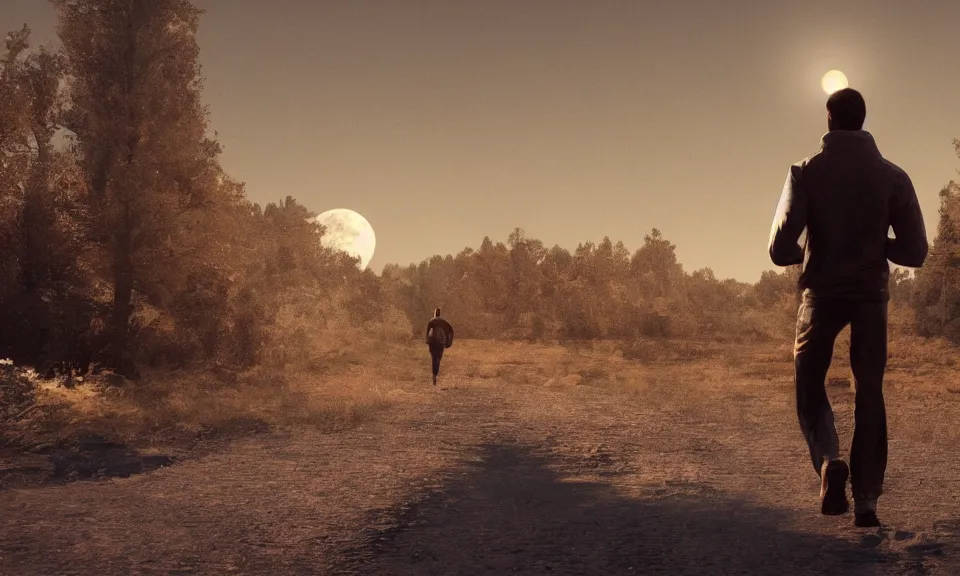 Prompt: a lonely man was running alone beneath the gaint moon,featured in artstation, cinematic, elegant, 8k