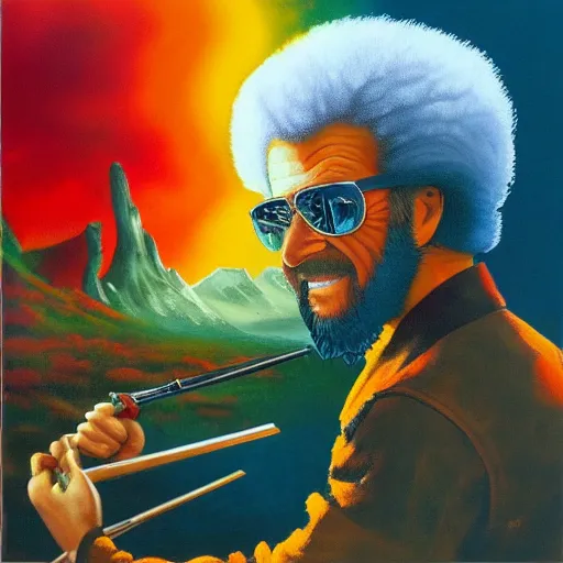 Image similar to Bob Ross painting The Prodigy's fourth studio album cover Always Outnumbered, Never Outgunned, 4k