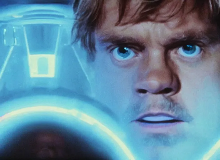 Prompt: screenshot from the lost star wars film, blue transparent hologram of Luke Skywalker, iconic scene from Star Wars, directed by Stanely Kubrick, moody cinematography, with anamorphic lenses, crisp, detailed, 4k