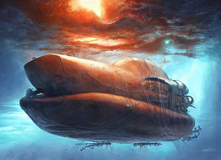 Prompt: deviant art, artgerm, metal submarine underwater in the lake of an alien planet, detailed, artstation, by kim keever, digital art