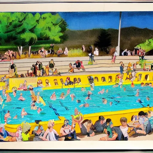 Image similar to when the art knowledge of ai trained by millennials, is like swimming in the yellow tinted wading pool at the community swimming center