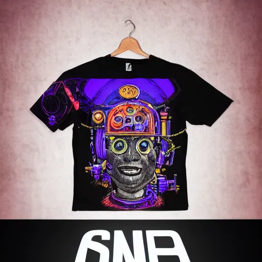 Image similar to mockup of a black tshirt with a hyperdetailed portrait of a steampunk robot by robert crumb, 8 k, symetrical, flourescent colors, happy trippy mood, multicolored,