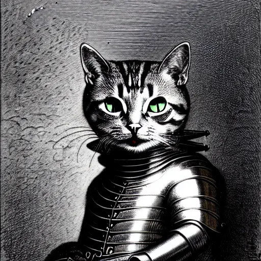 Image similar to engraving portrait of humanoid cat in medieval armoury by gustave dore. trending on deviant art, street art, chillwave, maximalist, full of color, glittering, 8 k, hd