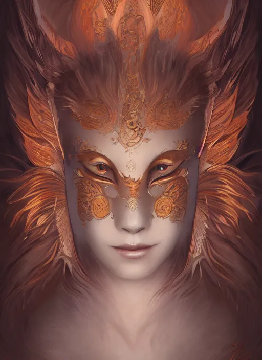 Image similar to a beautiful detailed oil on copper art illustration of a japanese kitsune mask woman, centered, by charlie bowater, zeng fanzh, trending on artstation, dim dusk lighting, cinematic lighting, detailed lighting, volumetric lighting, realistic, f 8, 4 k hd wallpaper