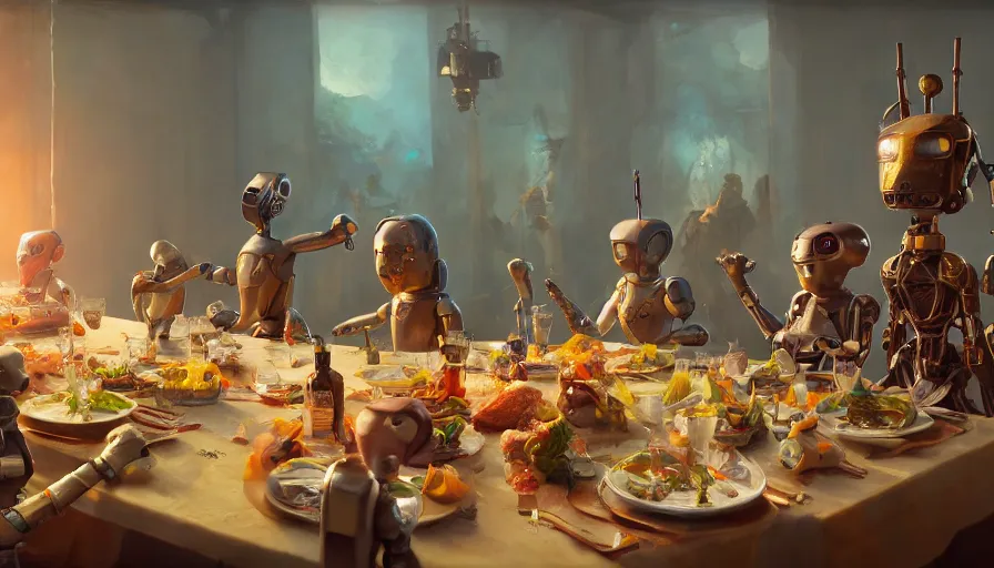 Image similar to a table dinner of android robots where robots are dressed like the characters from the midsommar movie, realistic detailed digital art by maxwell boas jessica rossier christian dimitrov anton fadeev trending on artstation cgsociety rendered in unreal engine 4 k hq