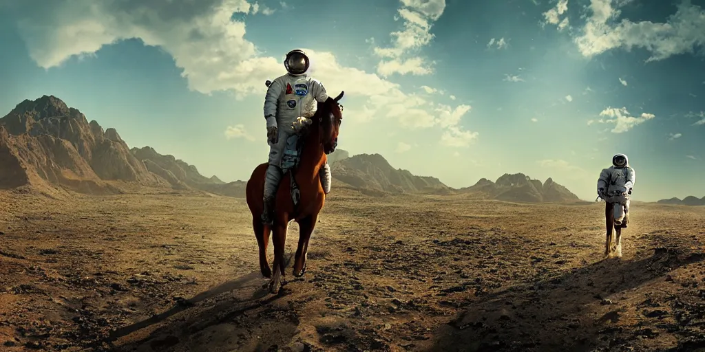 Image similar to american astronaut, riding a horse in socotra island, plants environment, wide angle, cinematic lighting, atmospheric, realistic, octane render, highly detailed, color graded, in the style of craig mullins