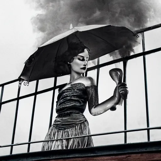 Prompt: a woman, moment, 1 9 3 0 s decopunk penthouse balcony, rain and smoke, tech noir, wet skin, atmospheric, ambient, rupert everton, alexis flower, livia prima,