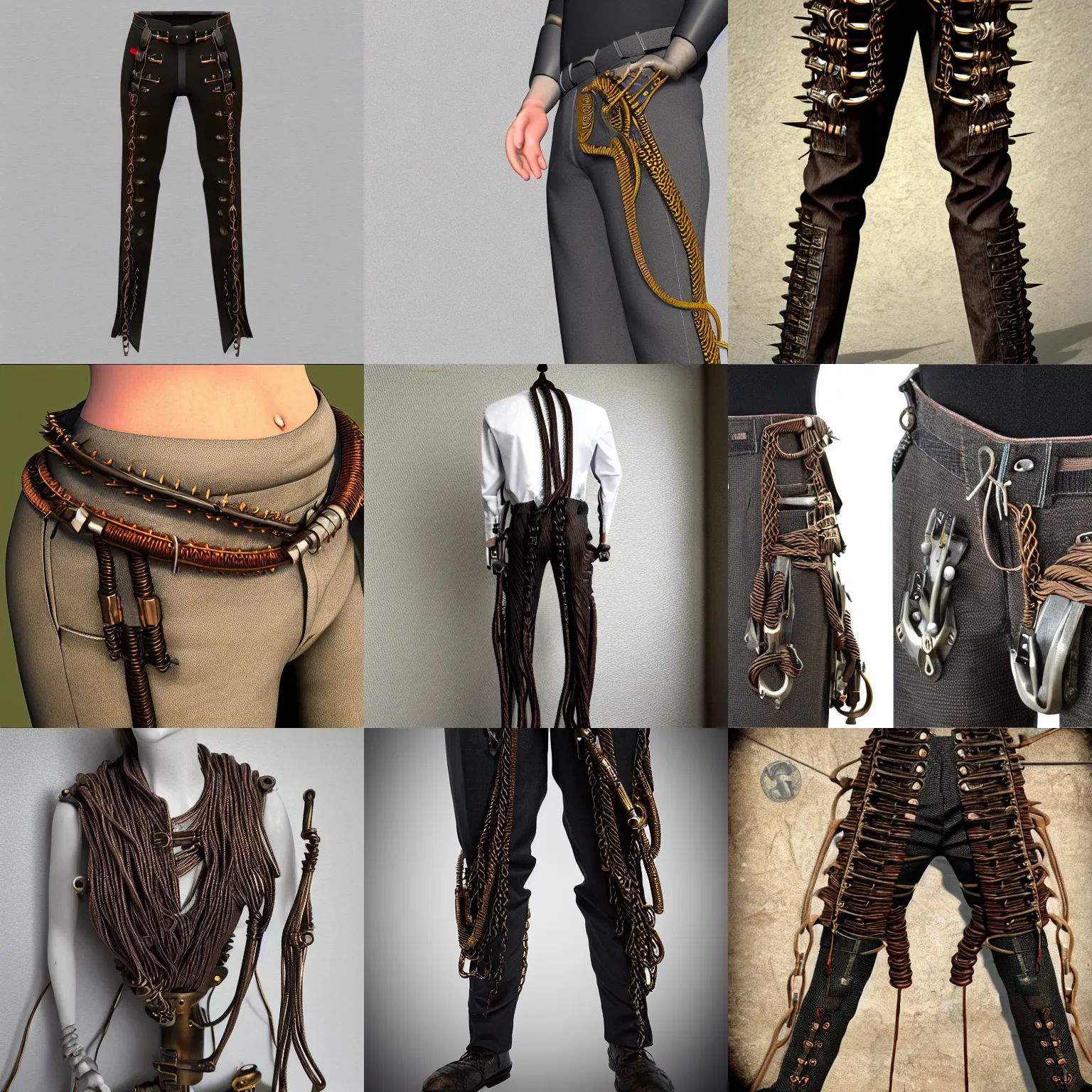 Prompt: Trousers neck made from steampunk cables, wires and spikes, photorealistic, hyper realistic, 8K,
