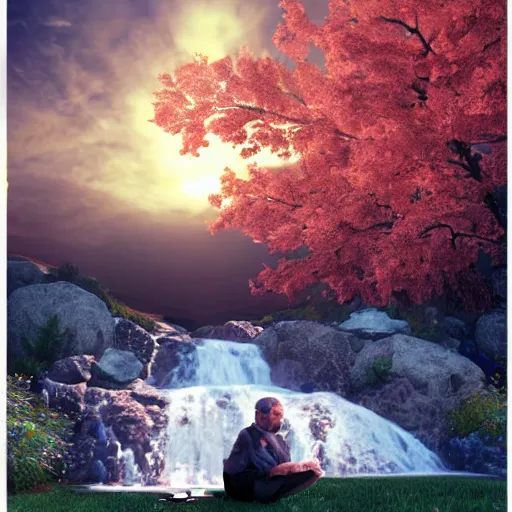 Image similar to featured on artstation photorealistic walter white sitting under a cherry tree overlooking valley waterfall sunset beautiful image stylized digital art