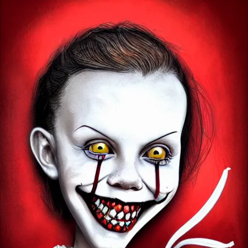 Prompt: surrealism grunge cartoon portrait sketch of millie bobby brown with a wide smile and a red balloon by - michael karcz, loony toons style, pennywise style, horror theme, detailed, elegant, intricate