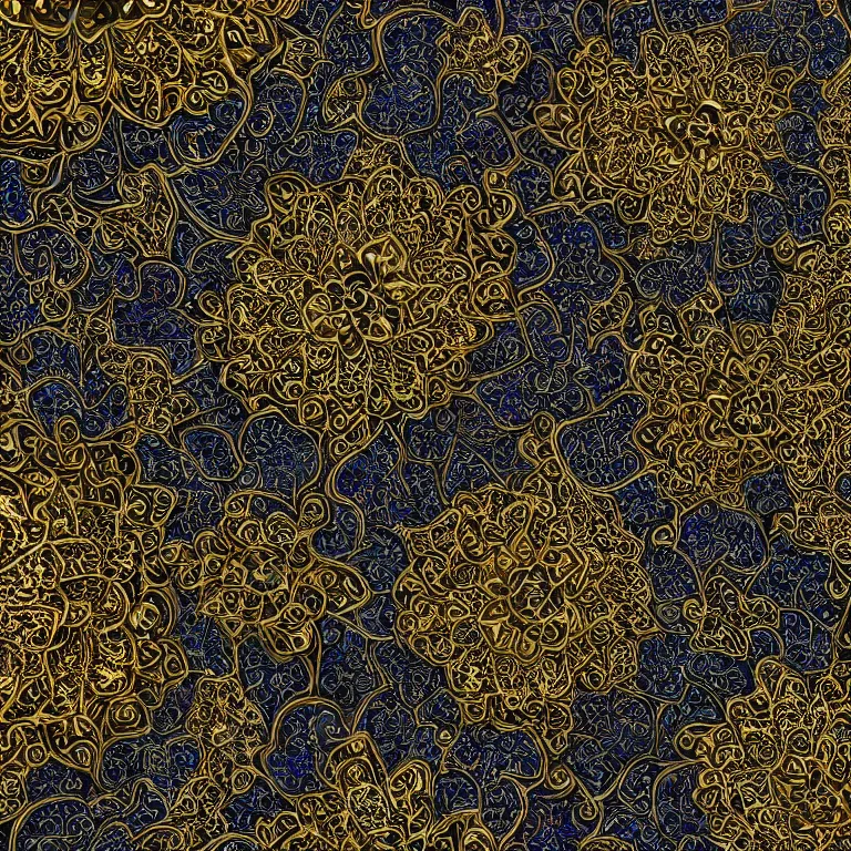 Prompt: arabic ornament with mystic birds and flowers, highly detailed, photorealistic, octan render, 3 d, gold on black nackground, fractal, mandelbrot,