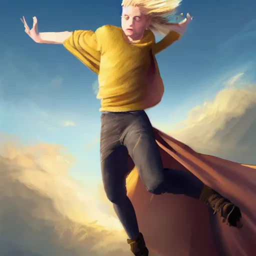 Image similar to blonde boy with golden eyes wearing a brown cape and flying in t pose, energy background, brush strokes, greg rutkowski