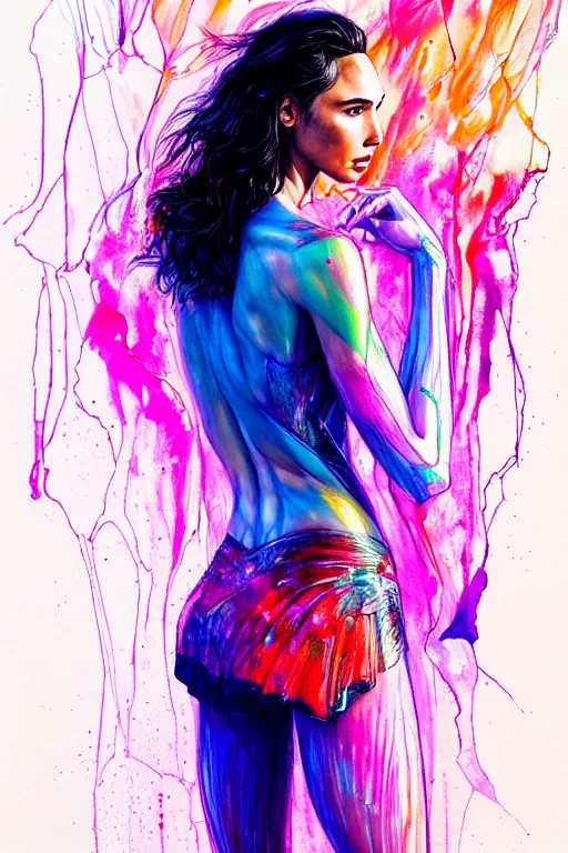 Image similar to gal gadot by agnes cecile enki bilal moebius, intricated details, 3 / 4 back view, full body portrait, extremely luminous bright design, pastel colours, drips, autumn lights