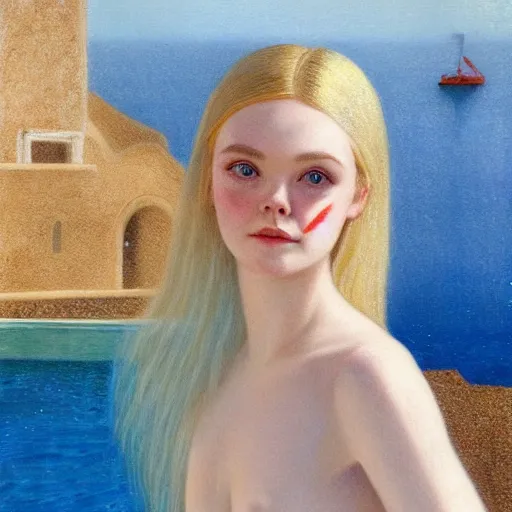 Image similar to Elle Fanning waking through Santorini, ocean, head and shoulders, extremely detailed masterpiece, illustration, by Michael Sowa,