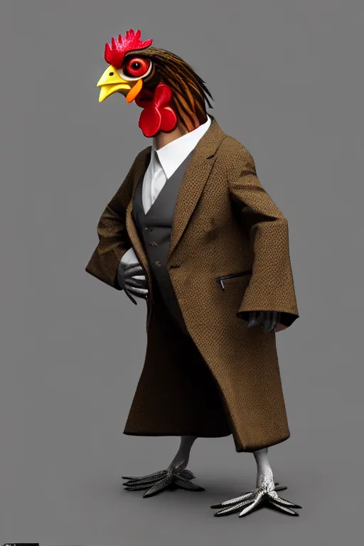 Image similar to a chicken wearing a formal overcoat, hyperrealistic, concept art, octane render, unreal engine 5, trending on artstation, high quality, highly detailed, 8 k, soft lighting, path traced, high coherence, digital art, beautiful, elegant clothes, trending on deviantart, masterpiece