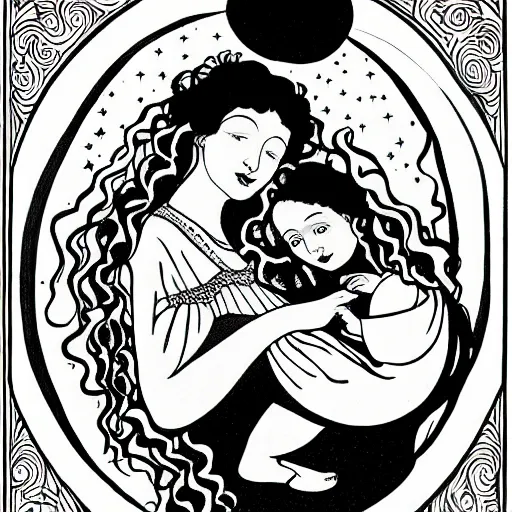 Prompt: mother with long flowing curly hair and a baby in her arms, style of aubrey beardsley, stylized moon and stars