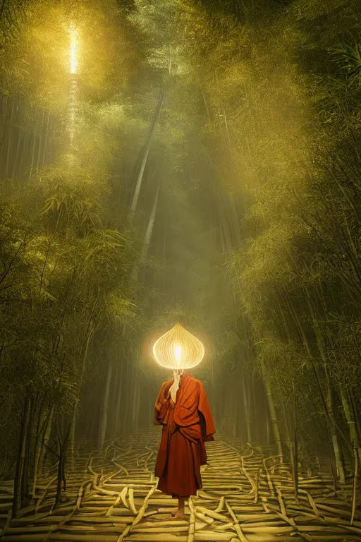 Image similar to mendicant monks of the fuke school of zen buddhism wearing a straw basket on his head in a mysterious japanese bamboo forest with light shafts, atmospheric lighting, by greg rutkowski, ultra realistic, concept art, intricate details, highly detailed, photorealistic, octane render, 8 k, unreal engine