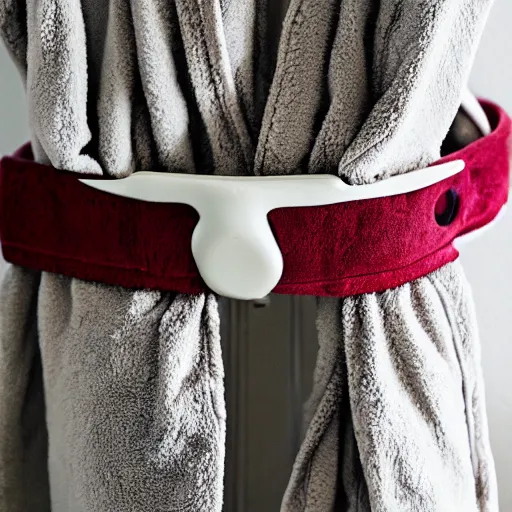 Prompt: a bathrobe belt on a towel rack