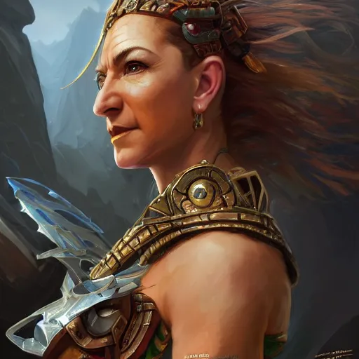 Image similar to Jeff Bezos!! as a female amazon warrior, closeup, D&D, fantasy, intricate, elegant, highly detailed, digital painting, artstation, concept art, matte, sharp focus, illustration, hearthstone, art by Artgerm and Greg Rutkowski and Alphonse Mucha