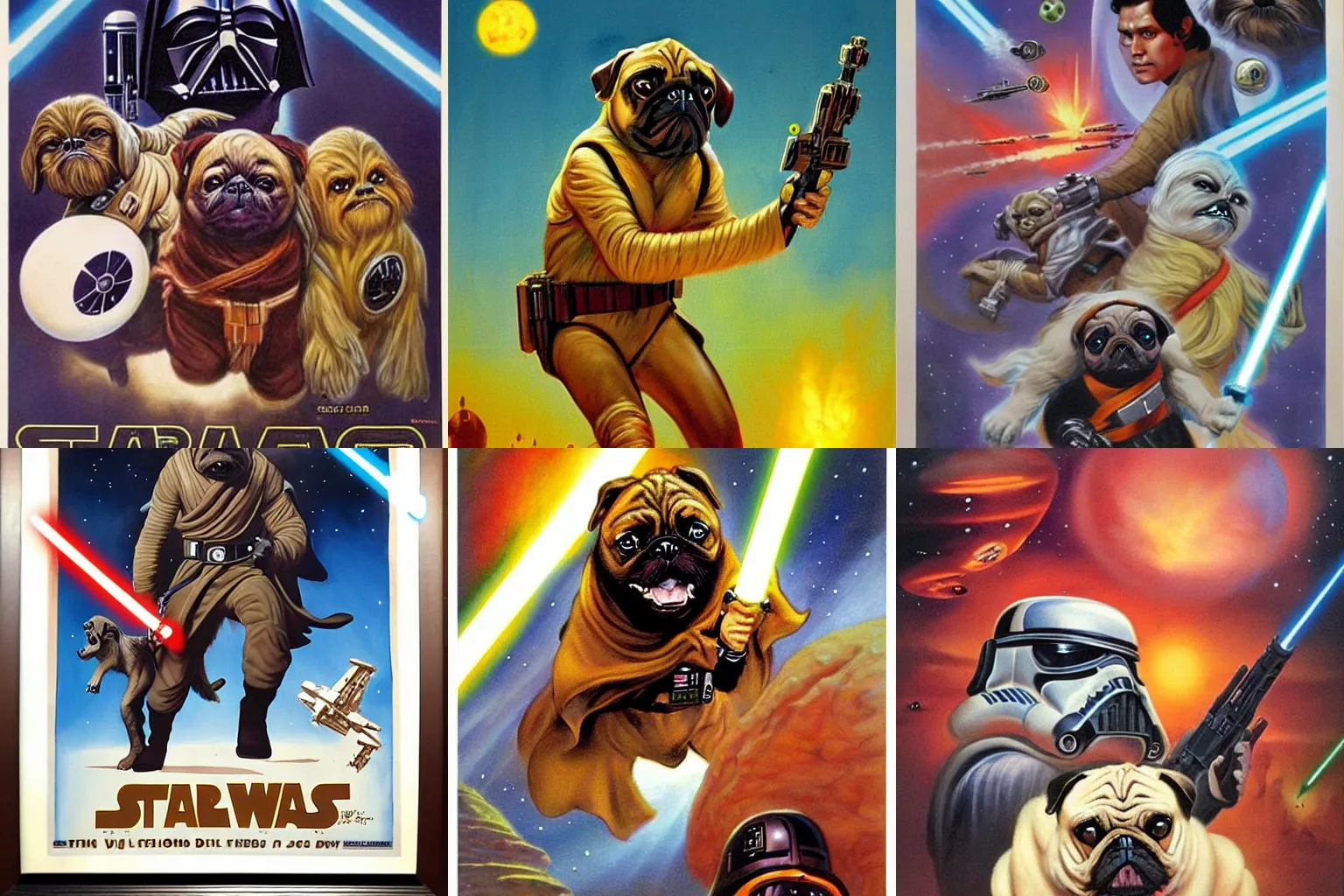 Prompt: Star Wars pugs poster by Boris Vallejo