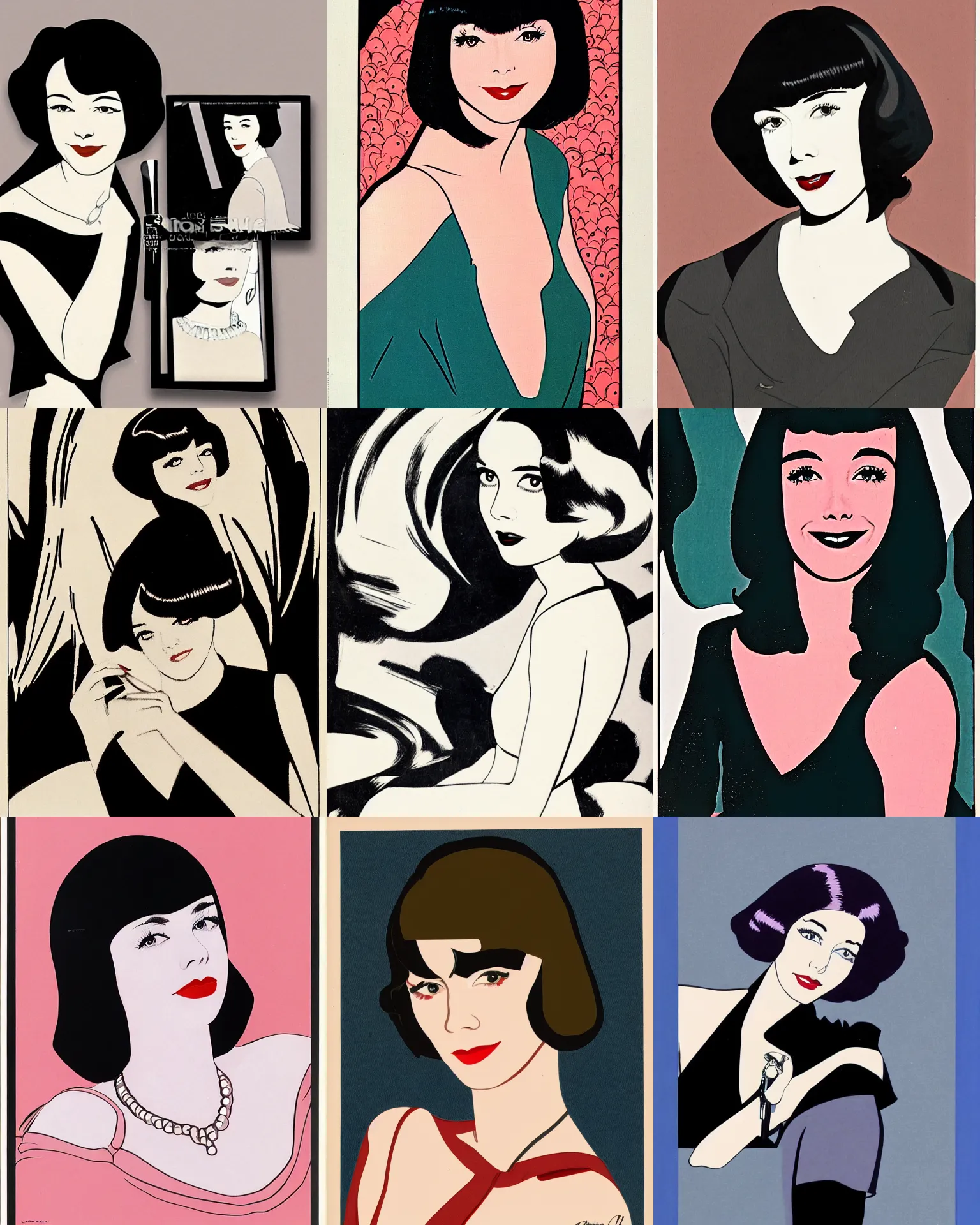 Image similar to Colleen Moore 25 years old, bob haircut, portrait by Patrick Nagel